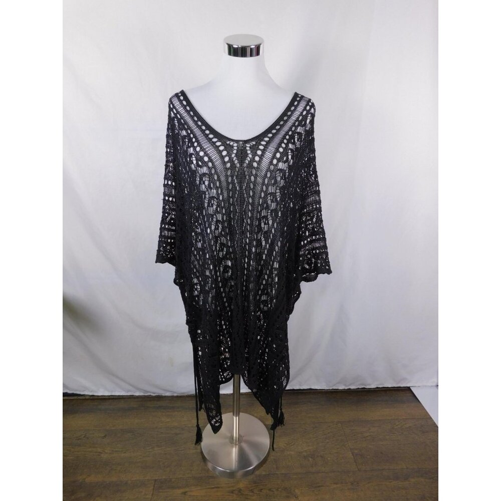 Crochet Poncho Womens One Size Black Boho Open Knit Tassel Hem Cover Up Beach